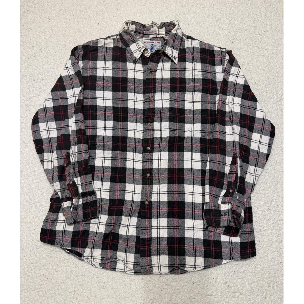 Manhattan Mens Plaid Flannel Shirt Long Sleeve Button Up Black White Red Large